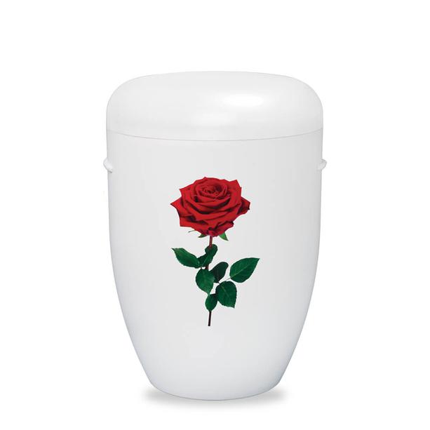 Weie Naturstoff Urne mit Rosen Motiv - Rose