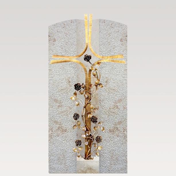 Einzelgrabstein mit Bronze Grabkreuz Rosenranke modern - Crociato Rosa