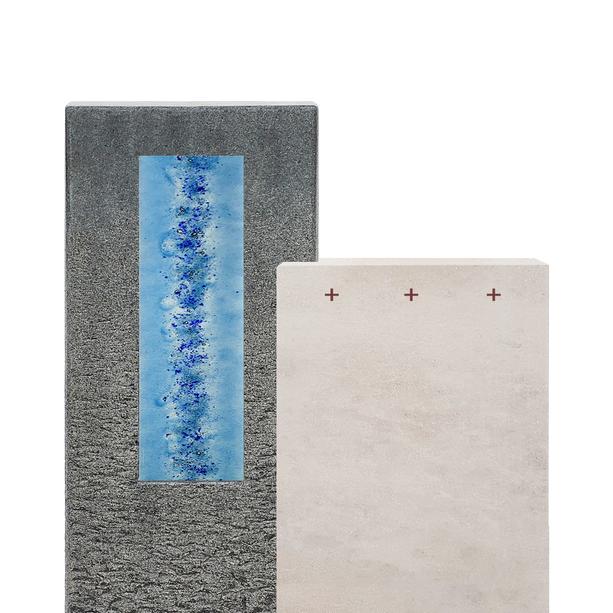 Kalkstein & Granit Grabmal mit Glasornament blau - Doppelgrab - Casato Aqua