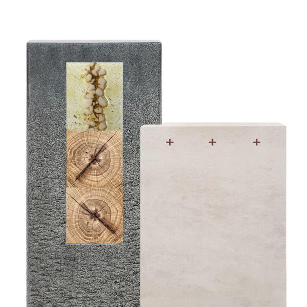 Kalkstein & Granit Grabmal mit Glas & Holzornament - Urnengrab - Casato Colore