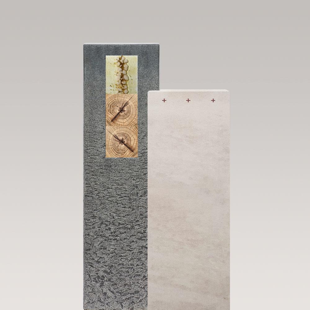 Kalkstein & Granit Grabmal mit Glas & Holzornament - Doppelgrab - Casato Colore