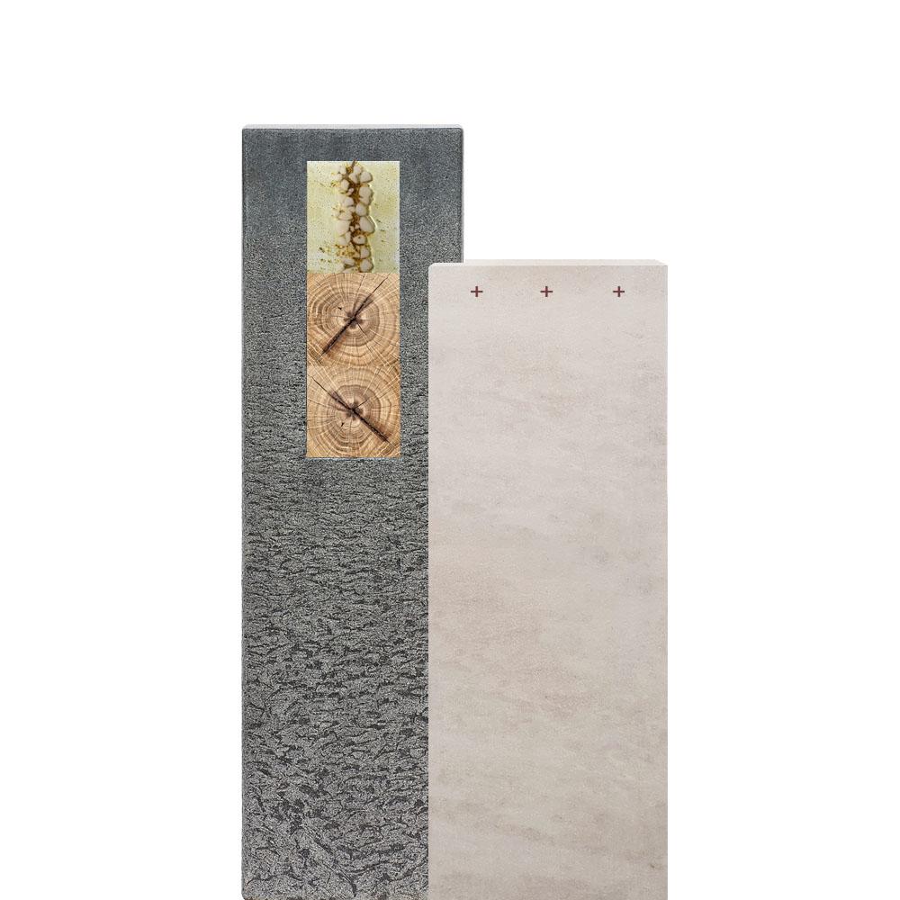 Kalkstein & Granit Grabmal mit Glas & Holzornament - Doppelgrab - Casato Colore