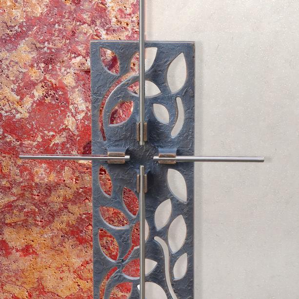Doppelgrabstein Kalkstein rot / wei mit Bronze Kreuz Ornament - Rosso Credo