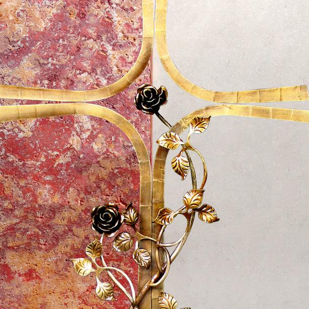 Urnengrabstein zweifarbig rot / wei mit Bronze Grabkreuz - Rosso Prece