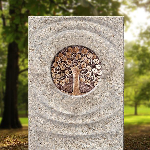 Muschelkalk Urnengrabstein mit Bronze Platte & Lebensbaum - Levanto Viva