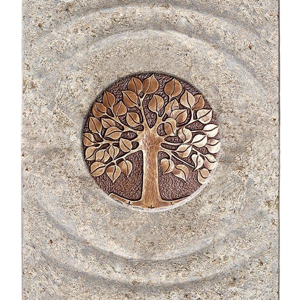Muschelkalk Einzelgrabstein zweiteilig hell/dunkel mit Bronze Lebensbaum - Sovello Viva
