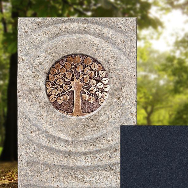 Muschelkalk Doppelgrabstein zweiteilig hell/dunkel mit Bronze Lebensbaum - Sovello Viva