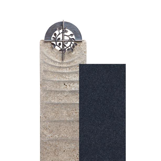 Muschelkalk Einzelgrabmal zweiteilig hell/dunkel mit Bronze Kreuz - Sovello Cruzis