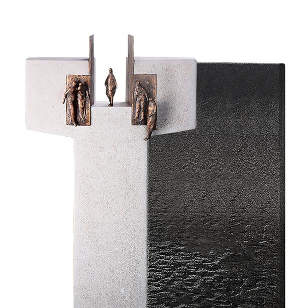 Urnengrabstein hell/dunkel mit Bronze Symbol Tor & Menschen - Amaury Nero