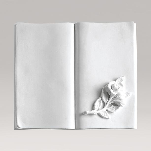 Offenes Buch als Gedenktafel aus weiem Marmorguss mit einzelner Rose - Kito