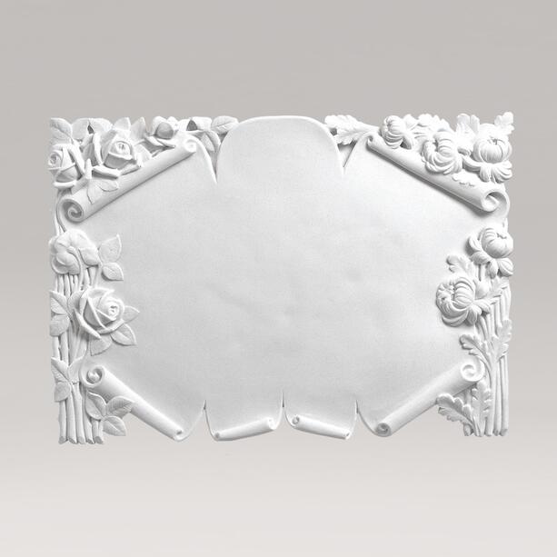 Zeitlose Schrifttafel aus weißem Marmorguss im floralen Design zur Grabdekoration - Nia