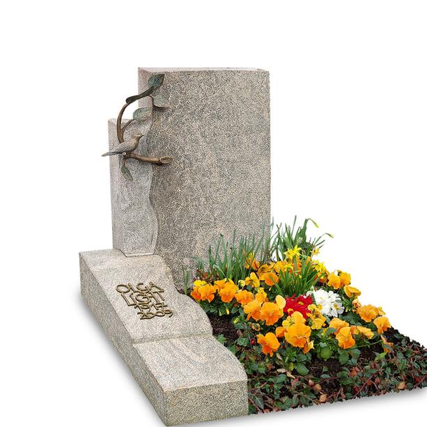 Granit Urnengrabstein mit floraler Bronze & Vogel  - Corcelles