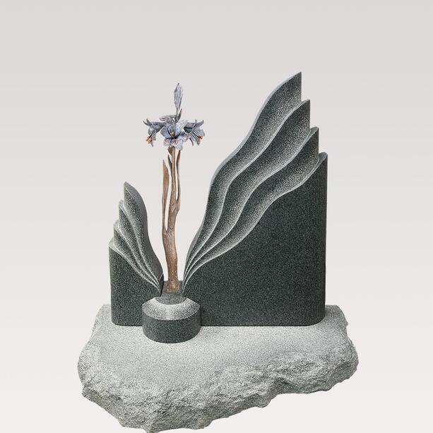 Zweiteiliger Urnengrabstein mit floralem Bronze Ornament - Symeon