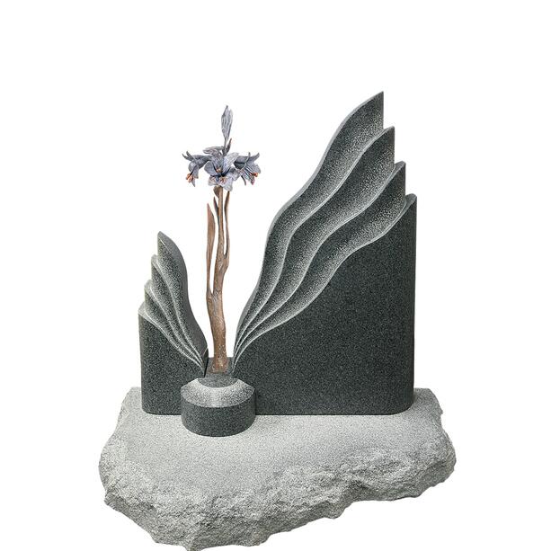 Zweiteiliger Doppelgrabstein mit floralem Bronze Ornament - Symeon