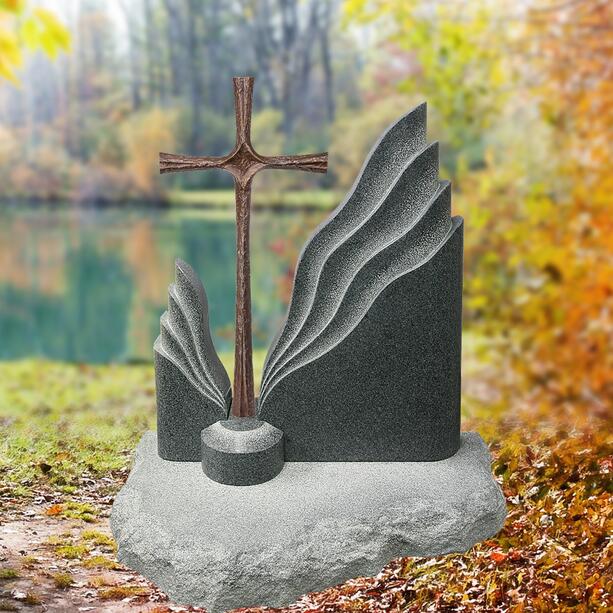 Zweiteiliger Granit Einzelgrabstein mit edlem Bronze Kreuz - Symeon Cruzis