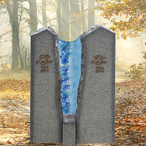 Zweiteiliges Granit Grabmal fr ein Doppelgrab mit Glaselement in blau - Magnus Aqua
