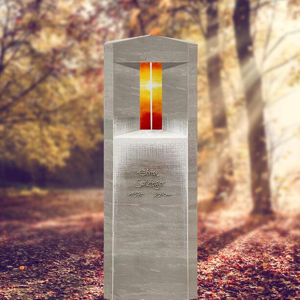 Grabstein Urnengrab aus Kalkstein mit Glas & Kreuz Symbol - Porta Lumis