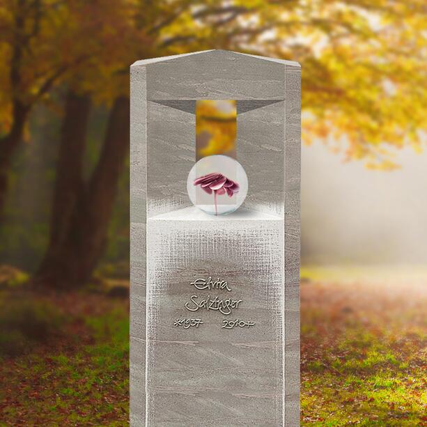 Doppelgrab Grabstein aus Kalkstein mit Glas Kugel & Blume - Porta Vita