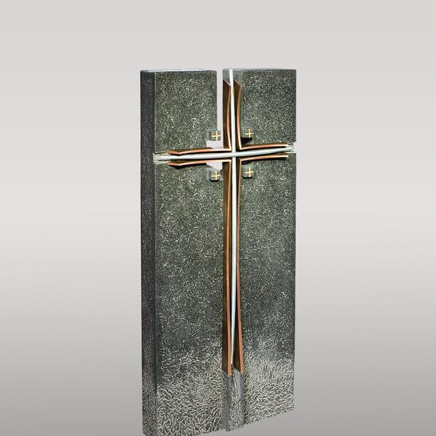Dunkler Granit Doppelgrabstein mit Bronze Kreuz - Lazare