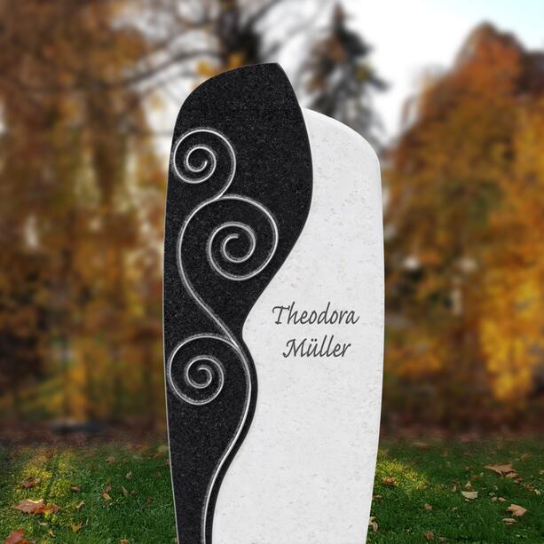 Urnengrab Grabstein aus Kalkstein & Granit mit Edelstahl Spiral-Element - Cordelia Flora