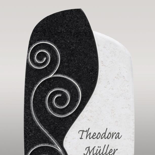 Einzelgrab Grabstein aus Kalkstein & Granit mit Edelstahl Spiral-Element - Cordelia Flora