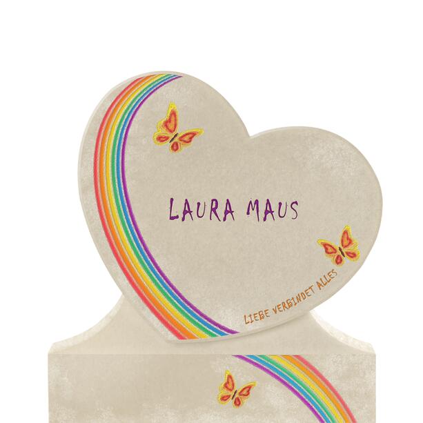 Kindergrabmal Herz aus Kalkstein mit Regenbogen & Schmetterling - Cordina Arcus