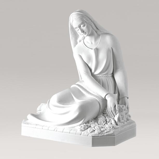 Grab Skulptur Madonna aus Marmorguss - Maria mit Blumen
