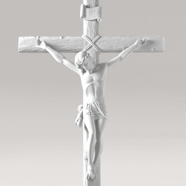 Marmorguss Figur Jesus am Kreuz - Kruzifix mit Inschrift