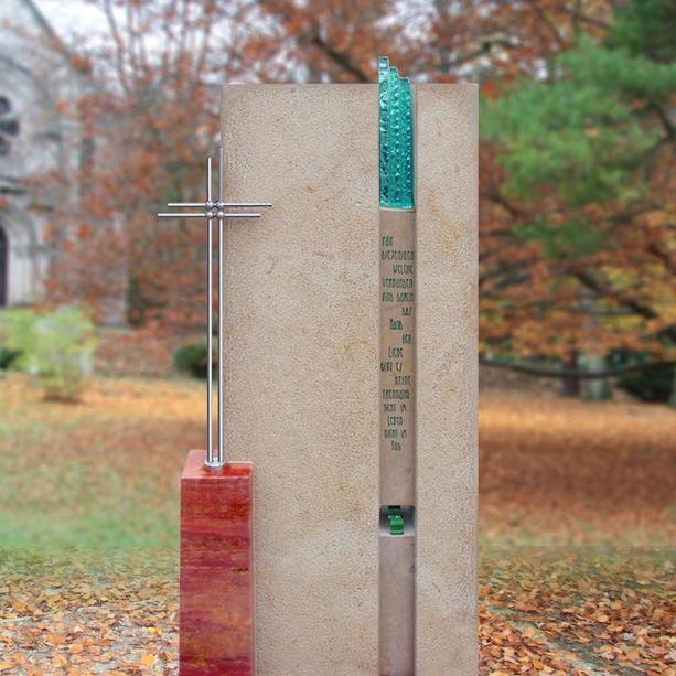 Grabstein Doppelgrab farbig mit Glas und Kreuz - Isere