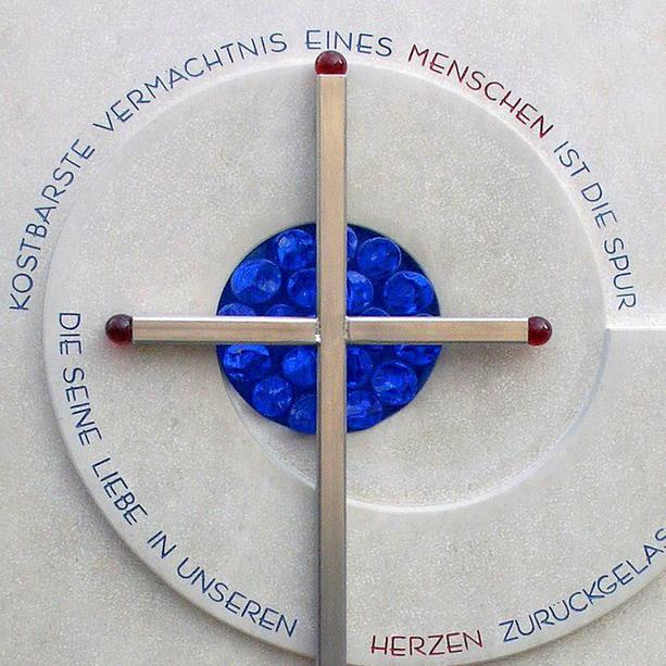 Urnengrabmal Kalkstein modern blaues Glas & Kreuz - Toulon