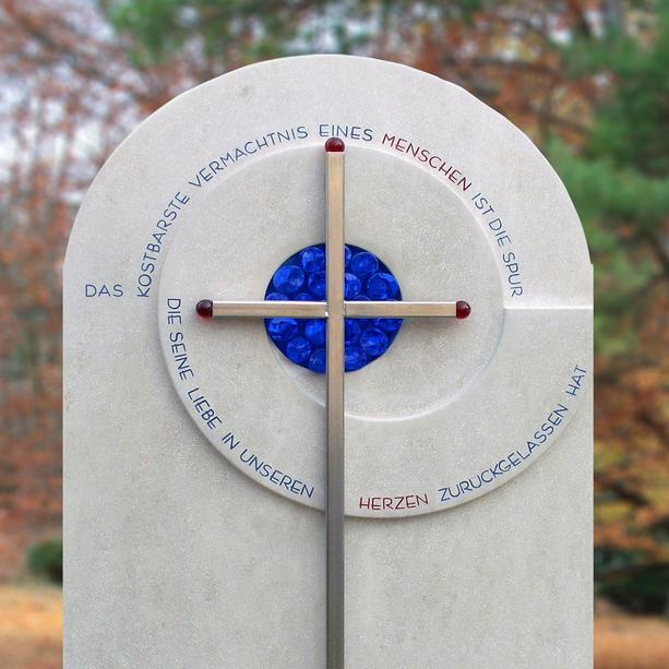 Doppelgrabstein modern blaues Glas mit Kreuz - Toulon