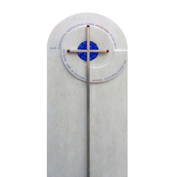 Doppelgrabstein modern blaues Glas mit Kreuz - Toulon