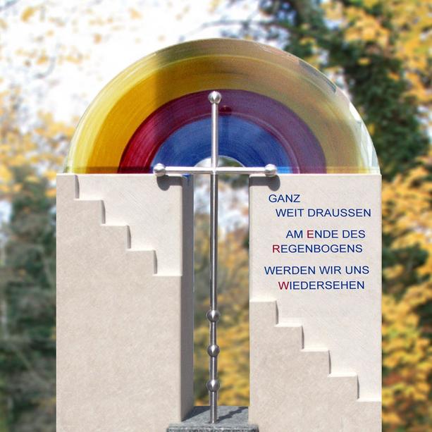 Kalkstein Grabmal mit Regenbogen Glas & Kreuz - Canino