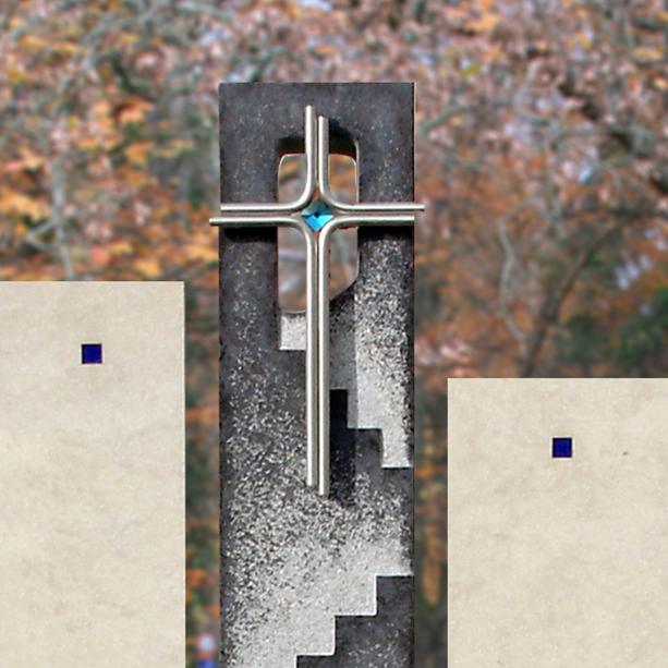 Grabstein Naturstein dreiteilig farbiges Glas & Kreuz - Sottana