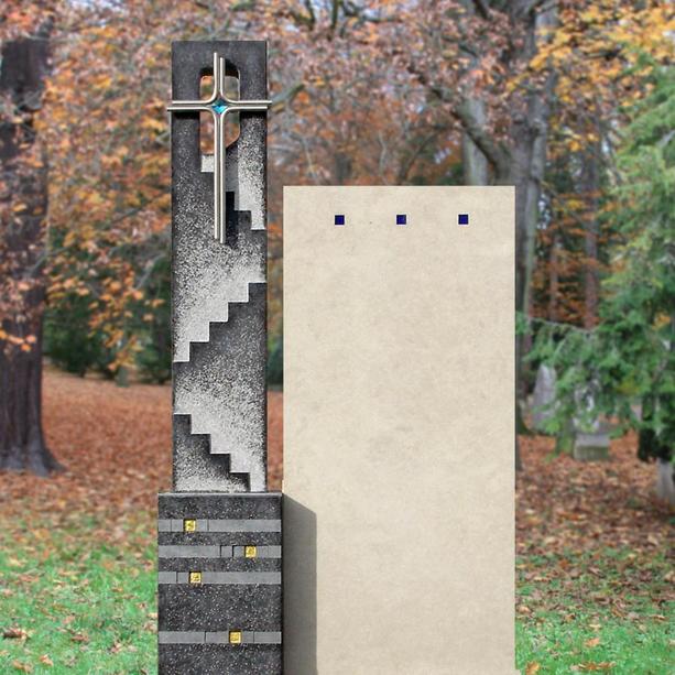 Grabdenkmal Kalkstein Granit modern mit Edelstahl Kreuz - Meteo