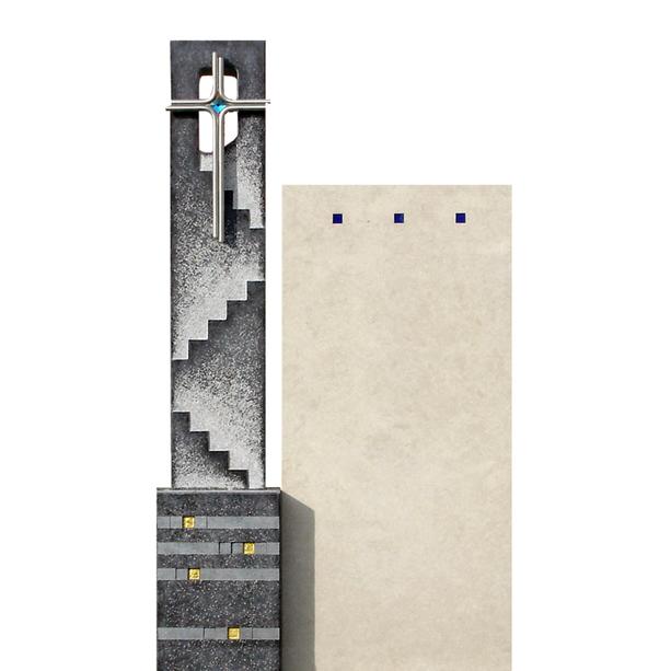 Grabdenkmal Kalkstein Granit modern mit Edelstahl Kreuz - Meteo