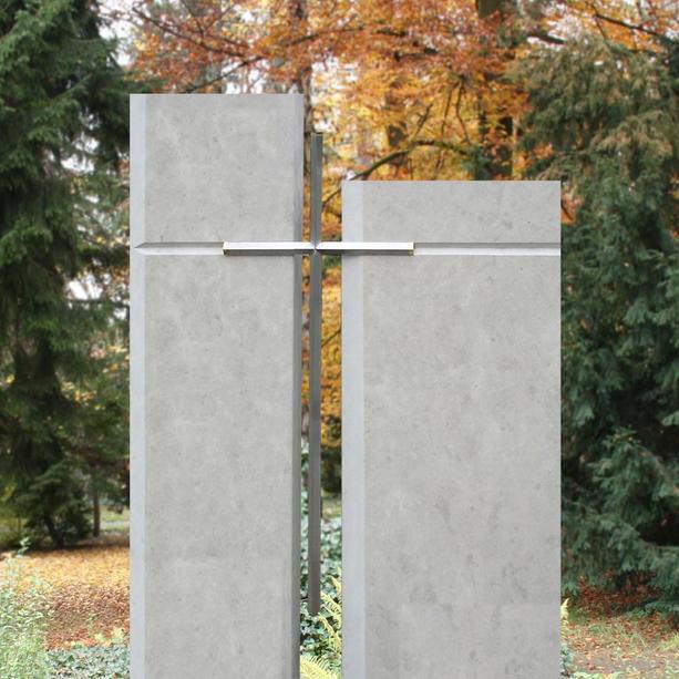 Grabstein Kalkstein hell zweiteilig mit Metall Kreuz - Lavardin
