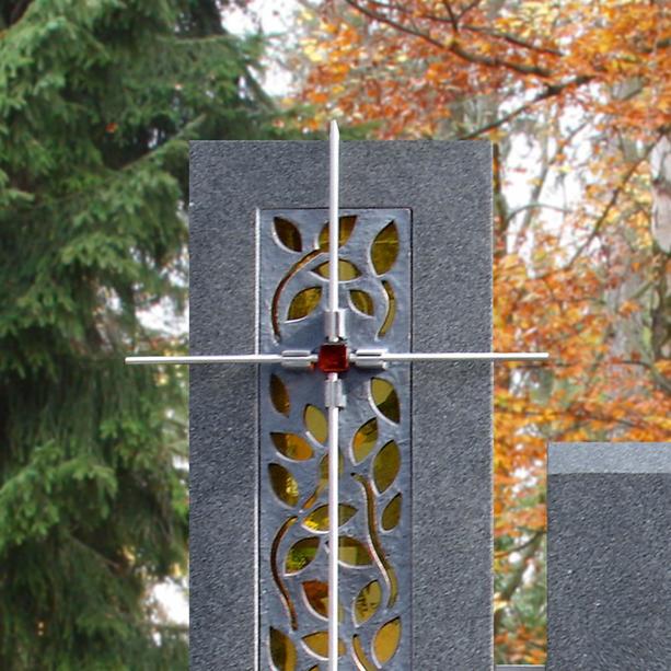 Urnengrabstein Granit zweiteilig Edelstahl Kreuz & Blume - Grazioso