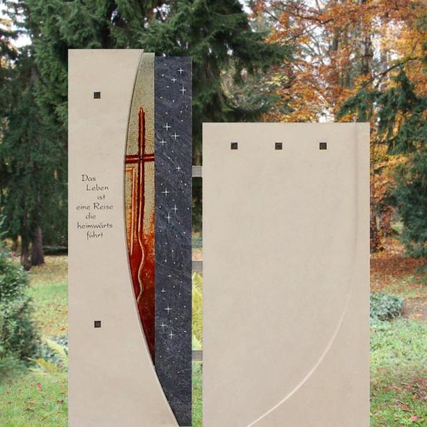 Schönes Grabmal Doppelgrab Naturstein Glas und Kreuz - Facella