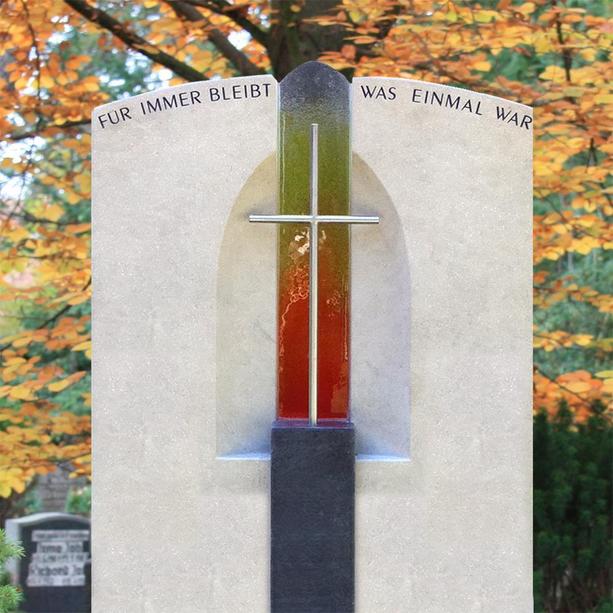 Doppelgrabstein stehend Rainbow Farbglas mit Kreuz - Lumos