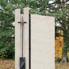 Naturstein Urnengrabmal zweiteilig modern mit Kreuz -...