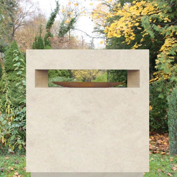Doppelgrabstein Kalkstein hell mit Holz Gestaltung - Quadra