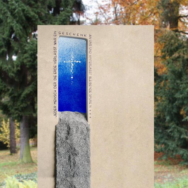 Glaskunst fr Grabstein mit Kreuz in Blau - Glasornamente Re-6