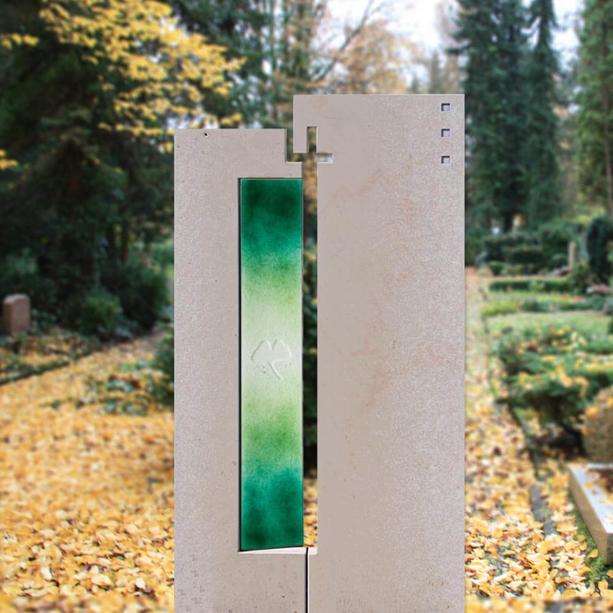 Grabmal Glas Verzierung in Grn mit Ginkgo - Glasstele S-23