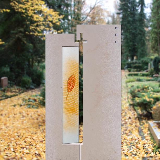Einzigartiges Grabstein Glasdekor mit Blatt  - Glasstele S-43