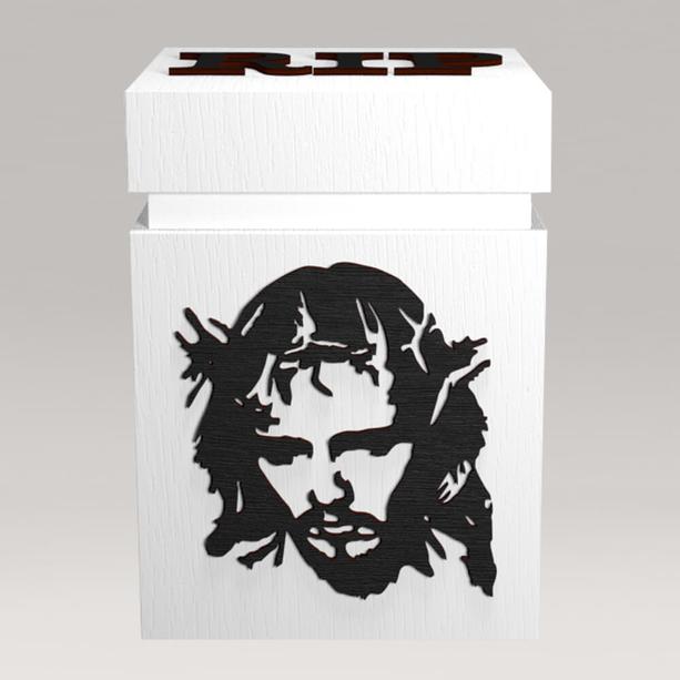 Christliche Holz Asche Urne Jesus mit Rosenkranz - weiß schwarz - Abaelardus