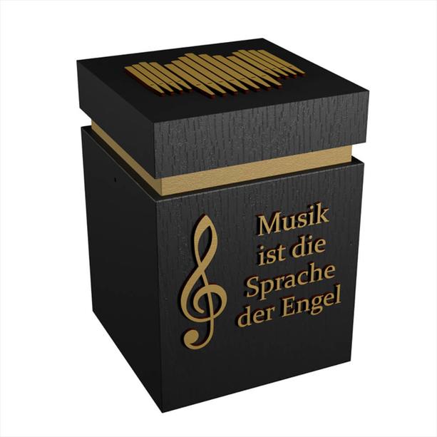 Originelle eckige Schmuckurne aus Holz - schwarz mit Musik Orgel Motiv - Clicquot