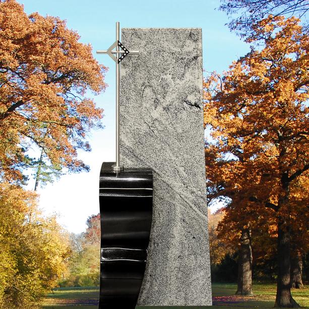 Zweiteiliger Doppelgrabstein aus Granit mit Edelstahl Kreuz - Tabori