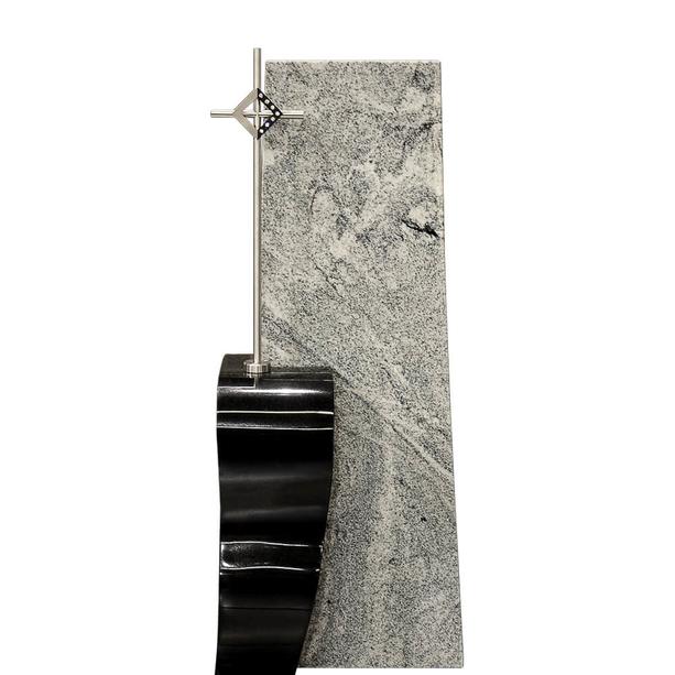 Zweiteiliger Doppelgrabstein aus Granit mit Edelstahl Kreuz - Tabori