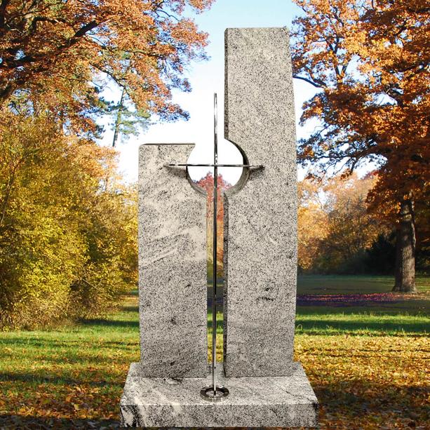 Mehrteiliger Urnen Grabstein aus Granit mit Edelstahl Kreuz - Paolini